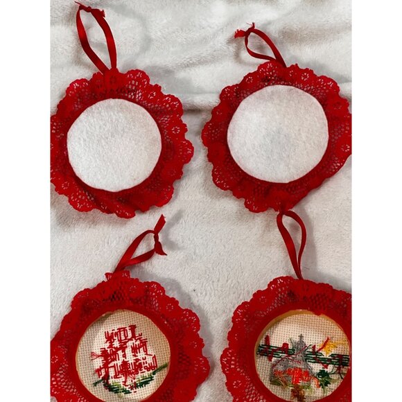 7 Christmas-Themed Cross Stitch Ornaments Lace Trim & Hanging Ribbons Handmade - Picture 13 of 16